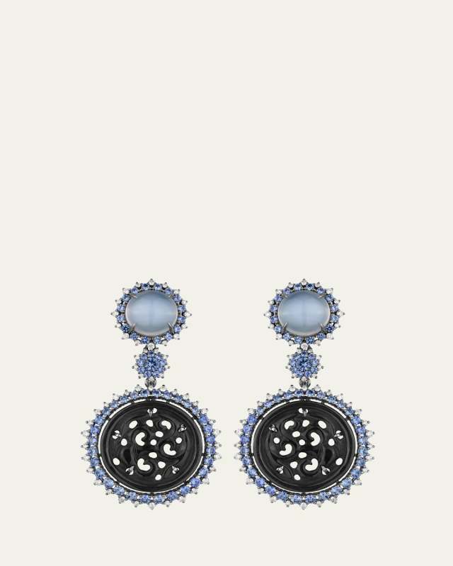 18K White Gold Black Jade Drop Earrings with Diamonds, Sapphires and Moonstones